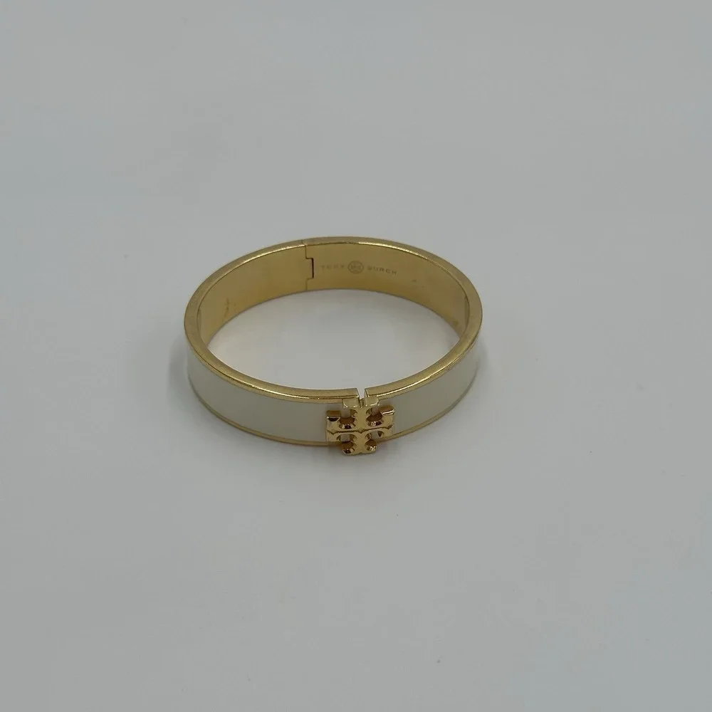 Tory Burch Kira Logo Hinged Bangle Bracelet White Enamel 18k Gold Plated Double